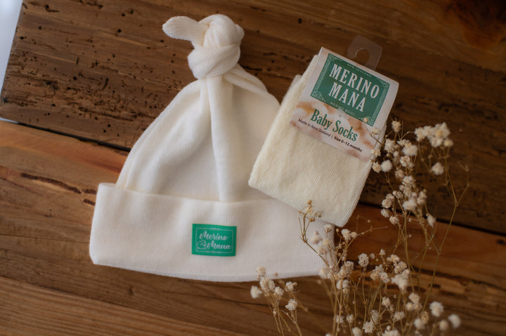 Merino Wool Top Knot Baby Beanie and Socks Gift Set
