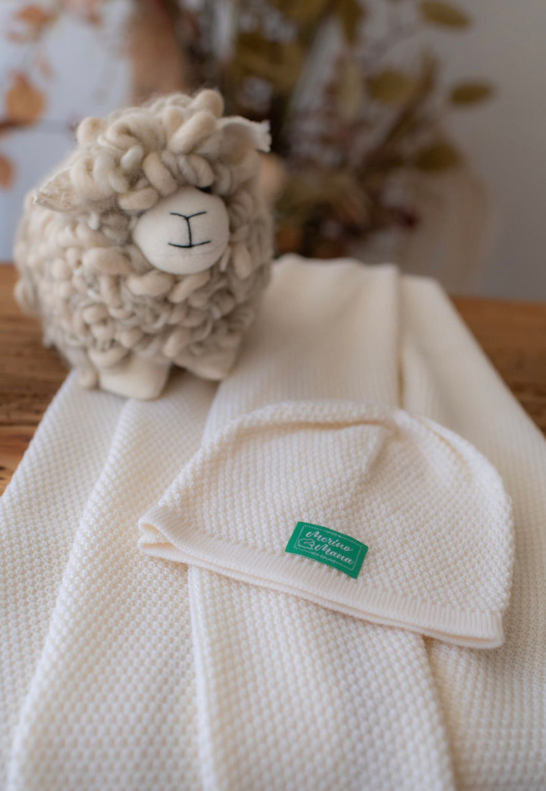 Moss Stitch Merino Baby Blanket, Beanie and Baa Baa Sheep Gift Set