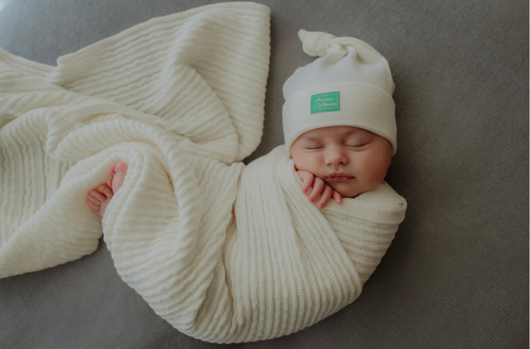 Merino Wool Blanket and Top Knot Merino Wool Hat Gift Set