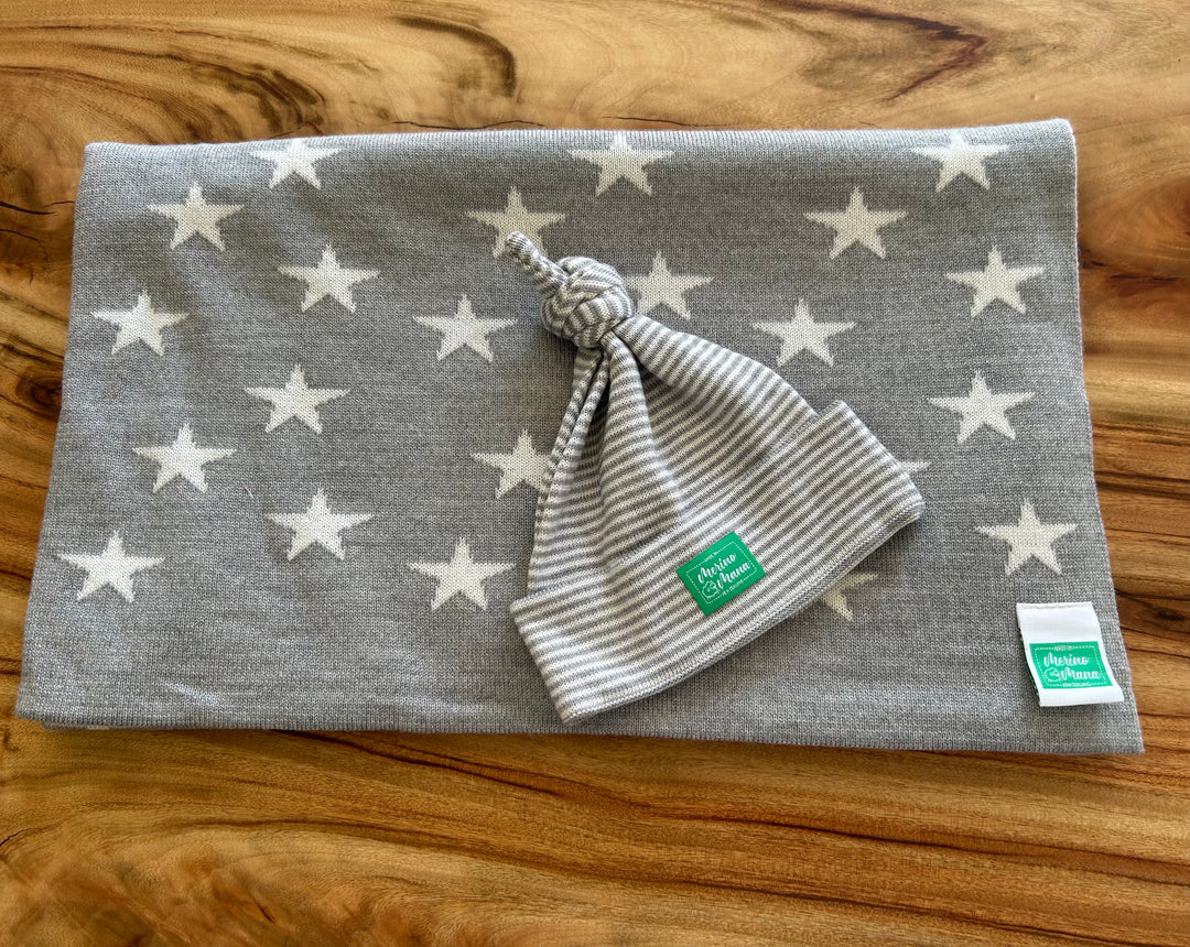 Stars and Stripes Merino Baby Blanket and beanie gift set