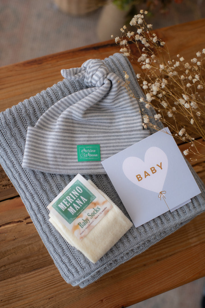 Merino Wool Blanket, Top Knot Beanie and Socks Gift Set