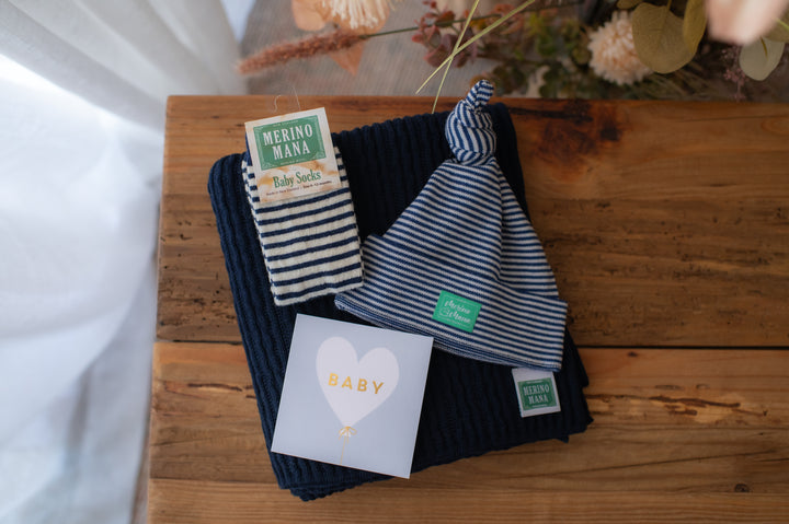 Merino Wool Blanket, Top Knot Beanie and Socks Gift Set