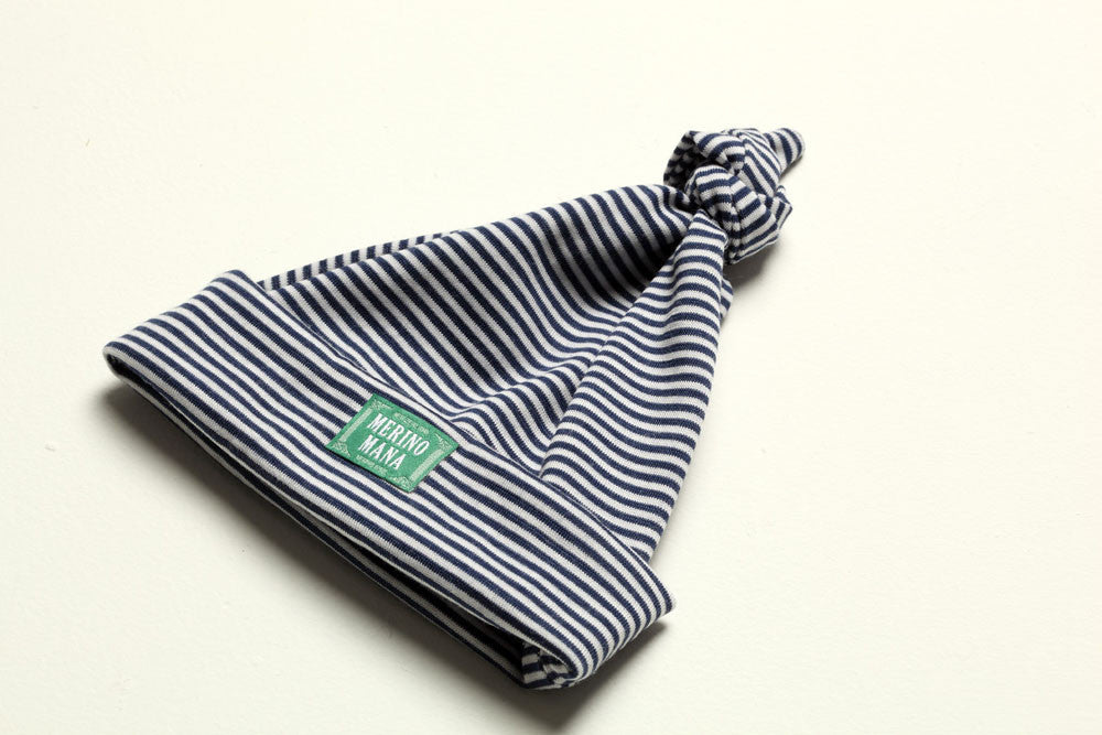 navy stripe merino wool baby beanie made in new zealand