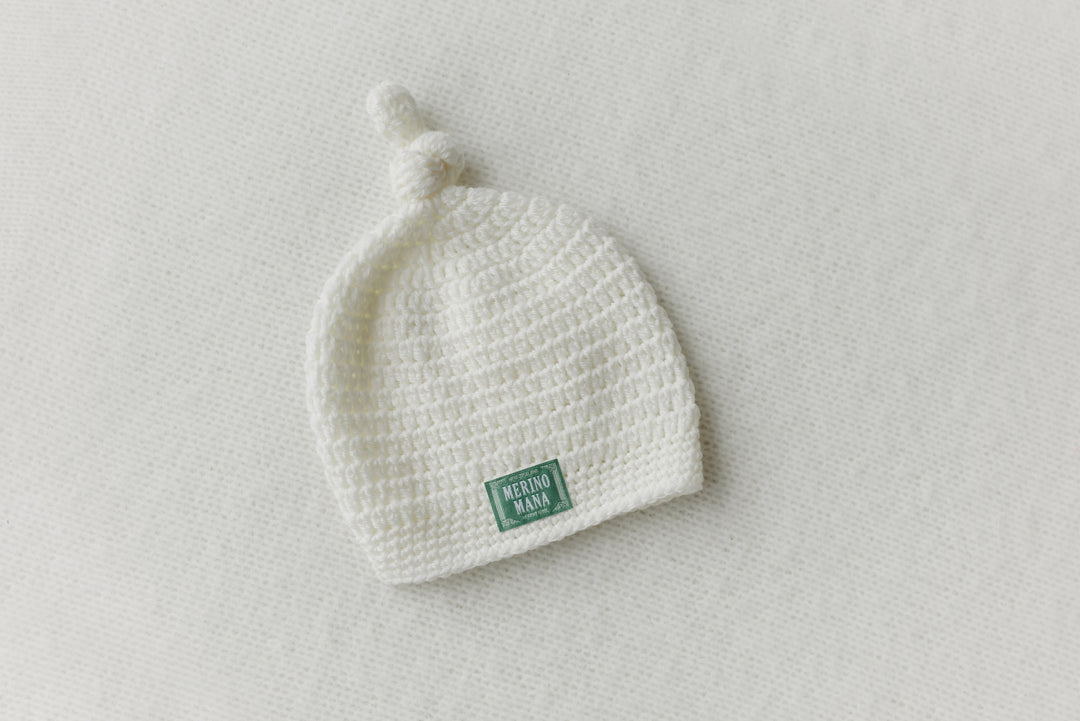 cream coloured merino wool crochet baby beanie made in new zealand