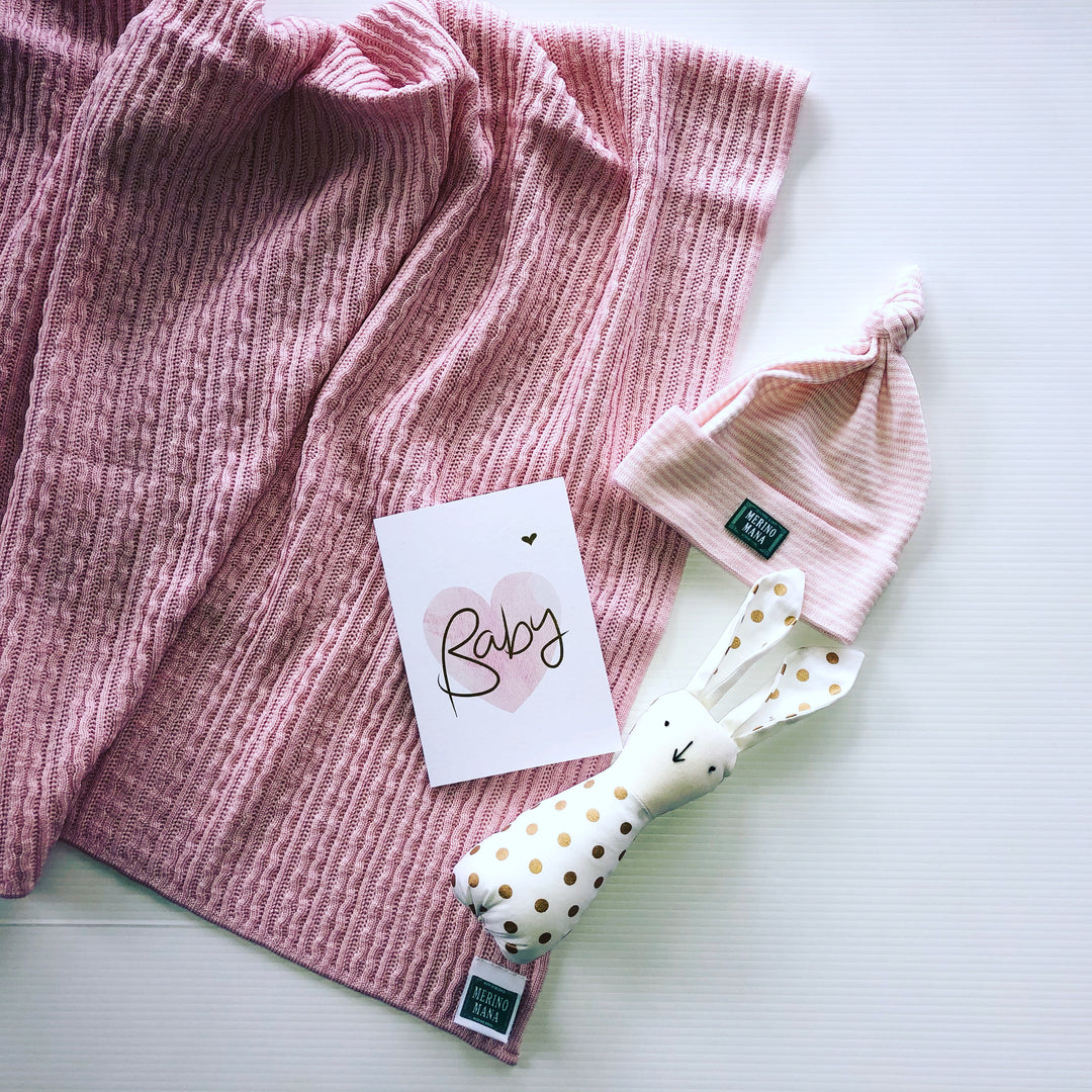Merino Wool Blanket, Top Knot Beanie and Soft Toy