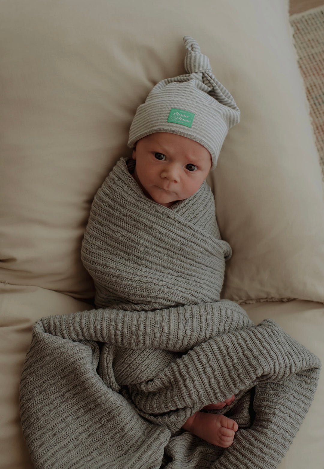 Merino Wool Baby Blanket and Top Knot Baby Hat Gift Set