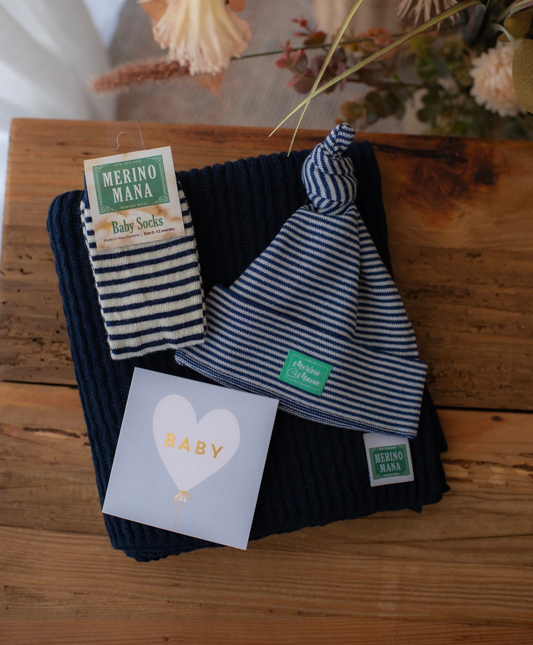 Merino Wool Baby Blanket, Top Knot Beanie and Socks Gift Set