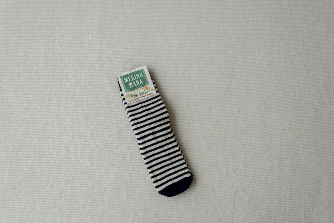 Navy blue and white stripe merino wool baby socks. made in new zealand