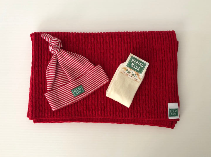 merino wool baby blanket, beanie and socks gift set made in new zealand