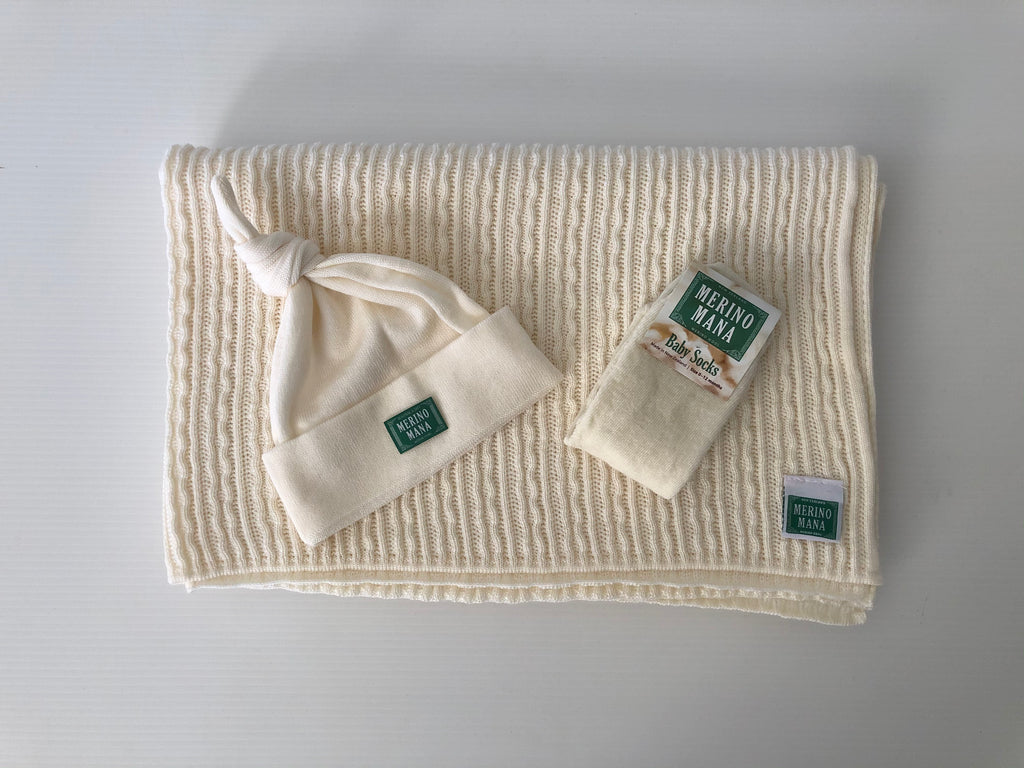 Merino Wool Baby Blanket, Beanie and Socks Gift Set