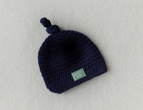 navy blue merino wool crochet baby beanie made in new zealand 